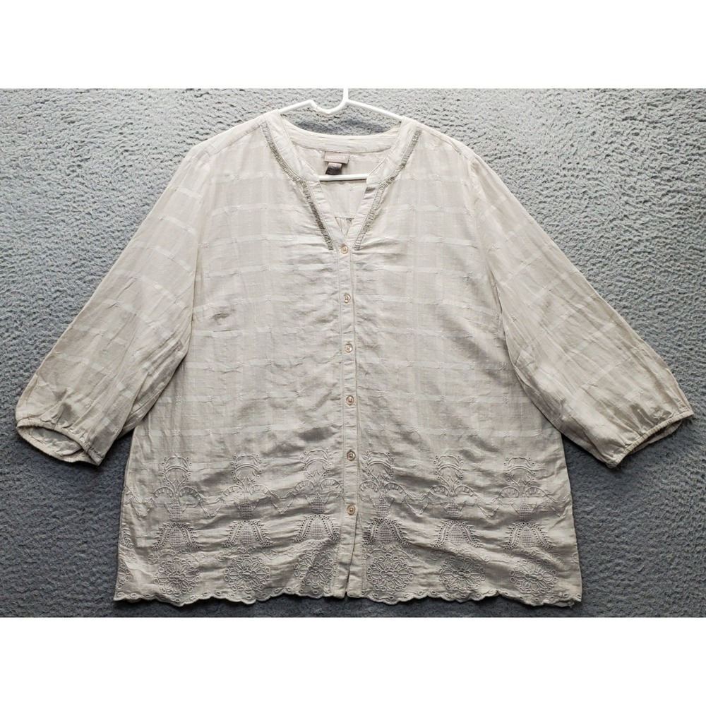 Chico's Blouse Top Womens XL Brown Checkered Embroidery Hem V-Neck Button Front